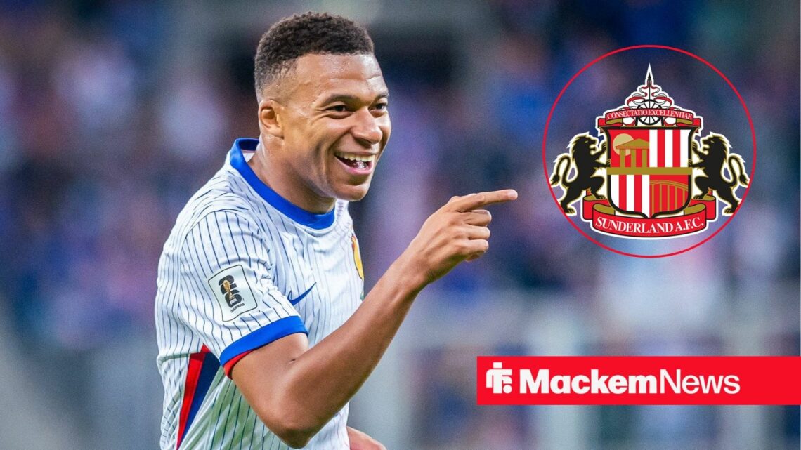 Kylian Mbappe pointing at the Sunderland badge
