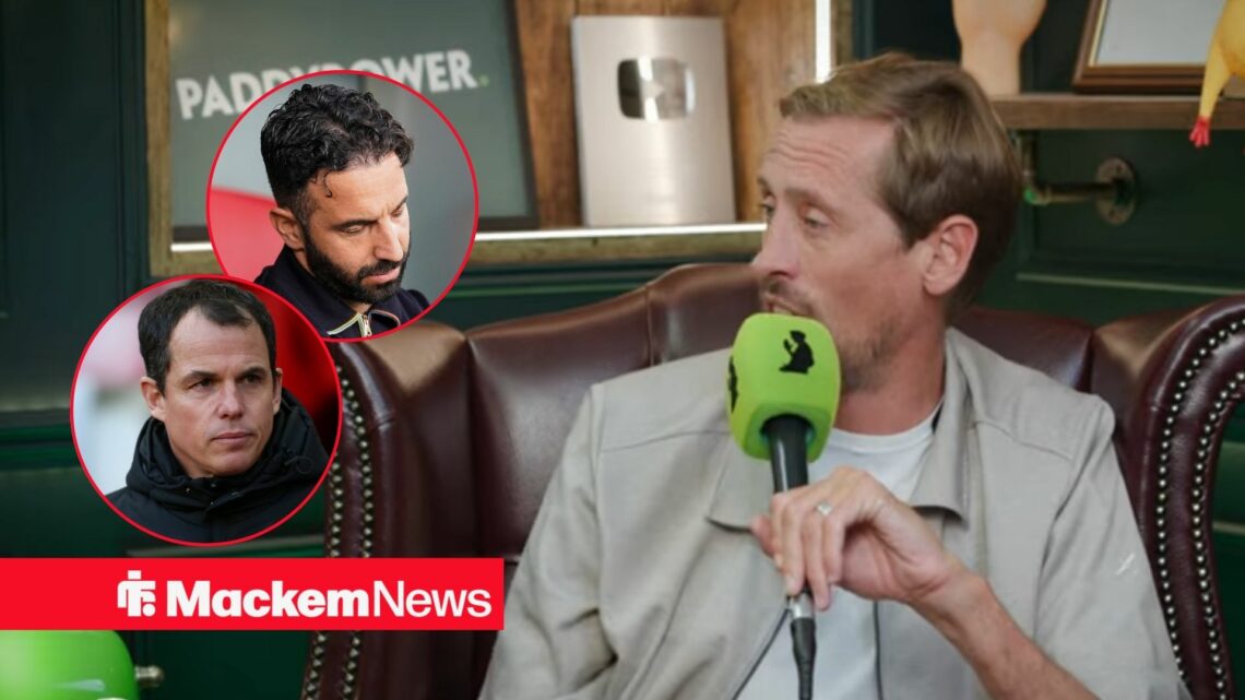 Peter Crouch talks on his podcast. To the left of him are circles with Manchester United manager Ruben Amorim and Sunderland manager Regis Le Bris ...