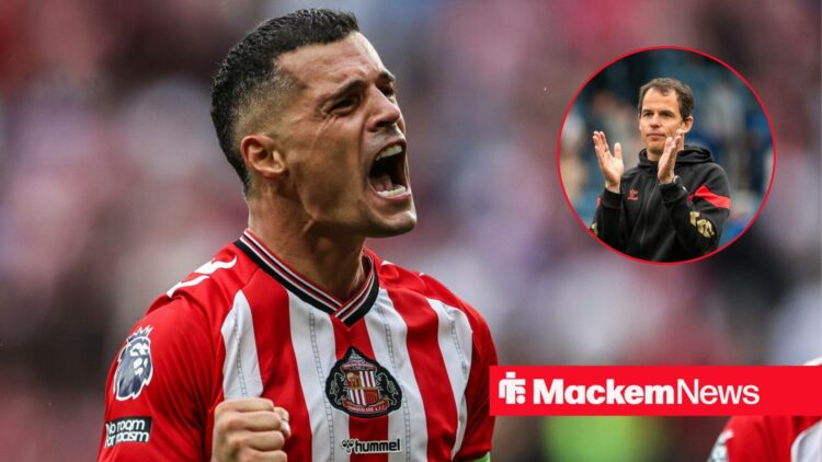 Granit Xhaka roaring alongside a circle inset of Regis Le Bris.