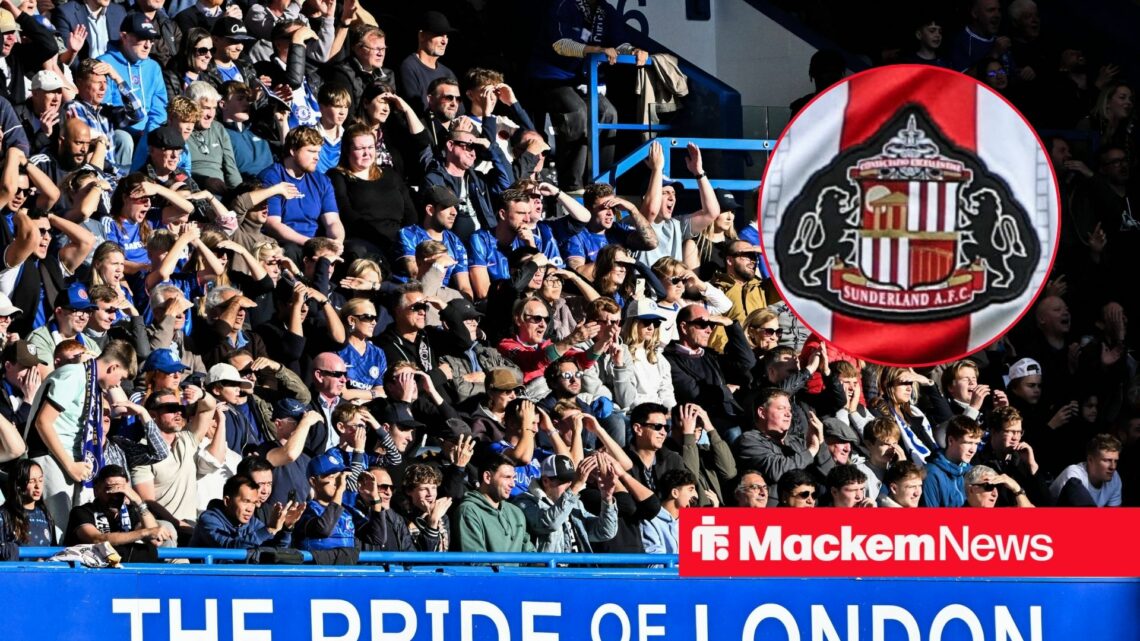 Chelsea supporters with Sunderland badge in frame