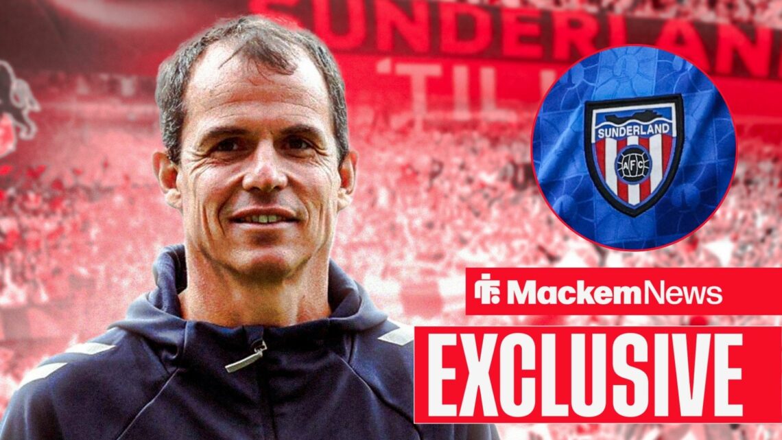 Regis Le Bris smiling with Sunderland badge in frame