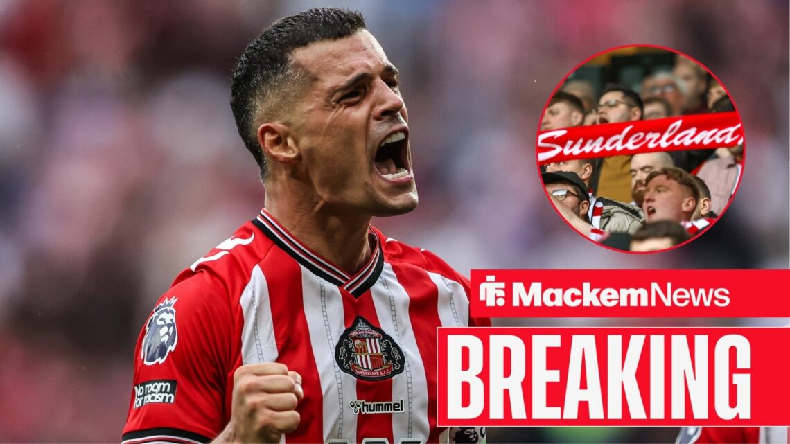 Granit Xhaka roars at Sunderland fans in a circular inset.