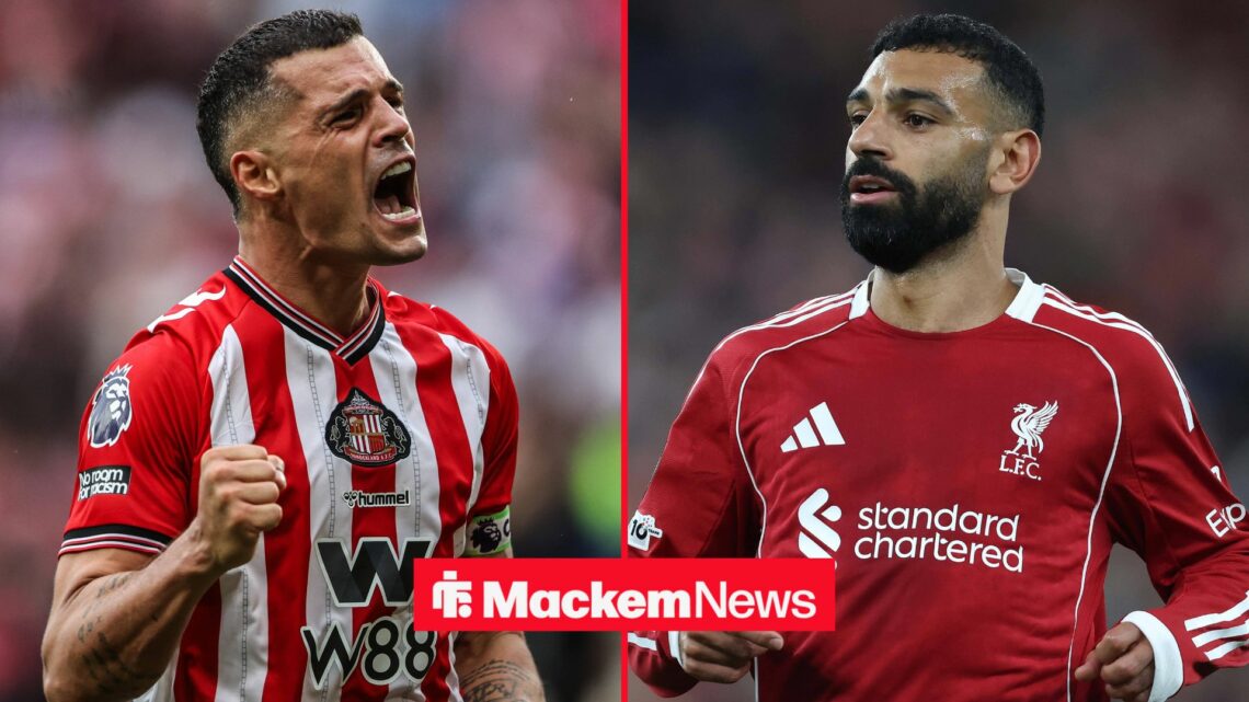 Granit Xhaka celebrating in Sunderland kit with Mohamed Salah