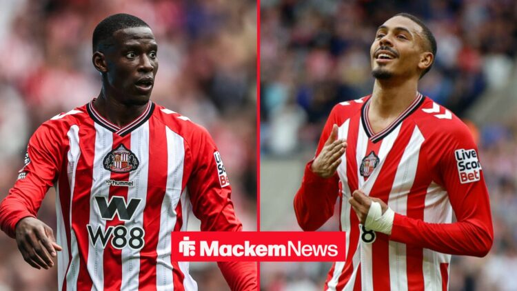 Wilson Isidor celebrating for Sunderland with Nordi Mukiele looking on