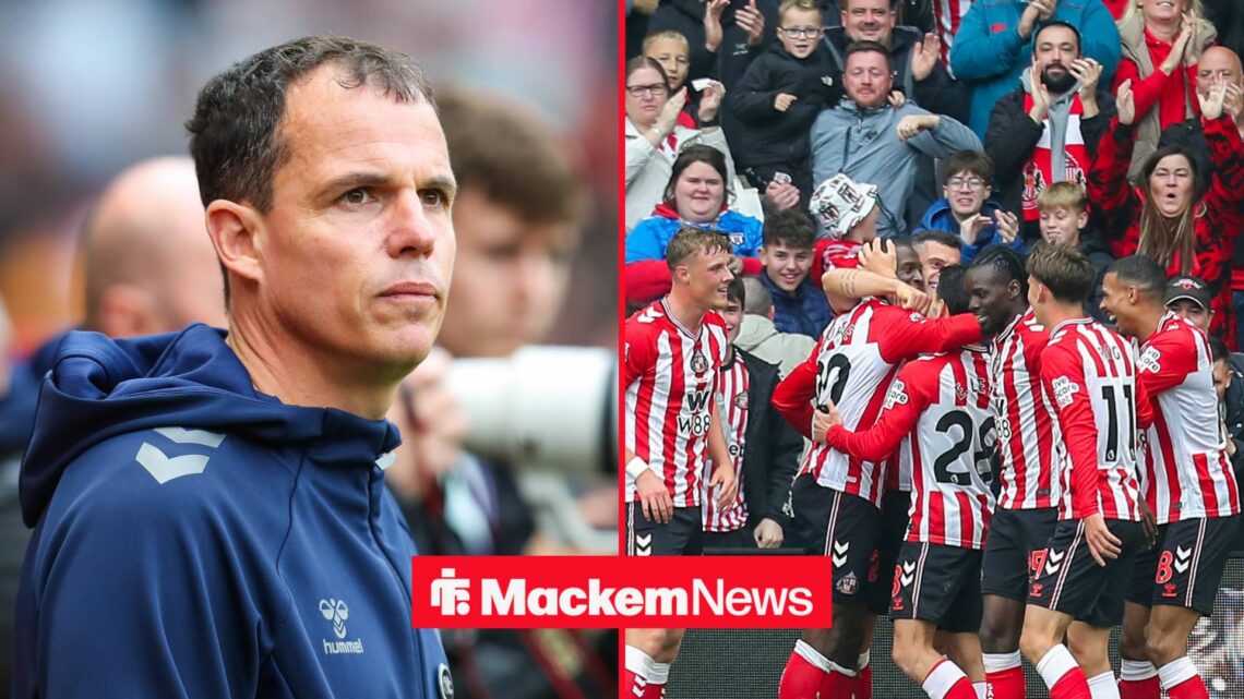 A 50:50 image for Mackem News. On the left is Sunderland manager Regis Le Bris, on the right are Sunderland players celebrating a goal in front of ...