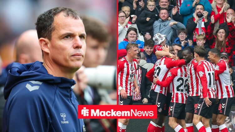A 50:50 image for Mackem News. On the left is Sunderland manager Regis Le Bris, on the right are Sunderland players celebrating a goal in front of ...
