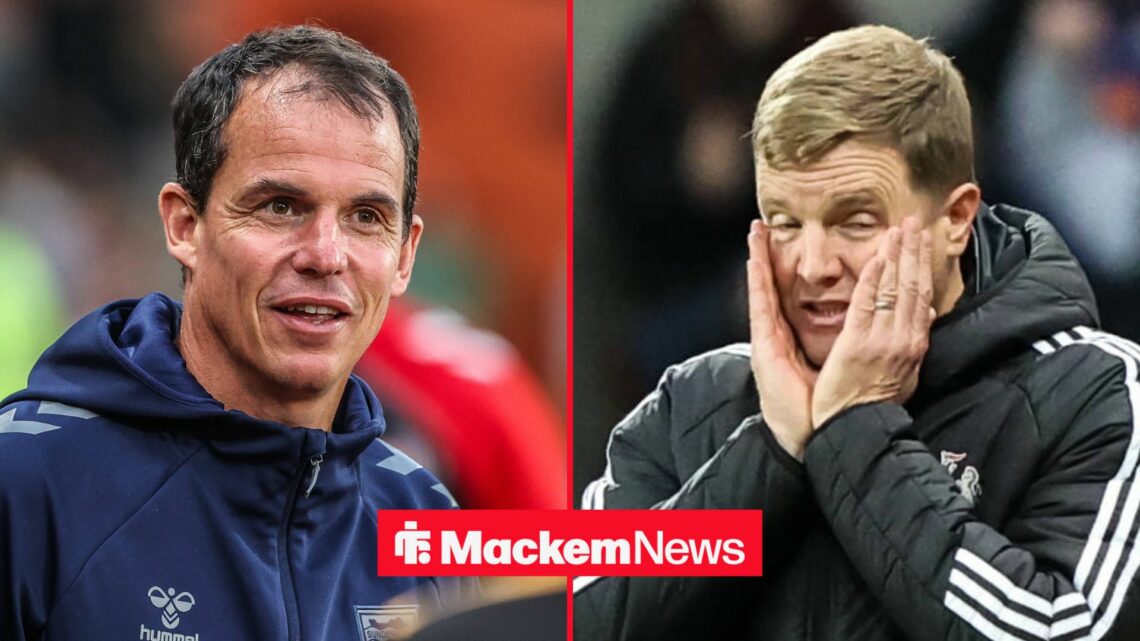 A 50:50 image with Sunderland boss Regis Le Bris on the left and Newcastle manager Eddie Howe with his head in his hands on the right.