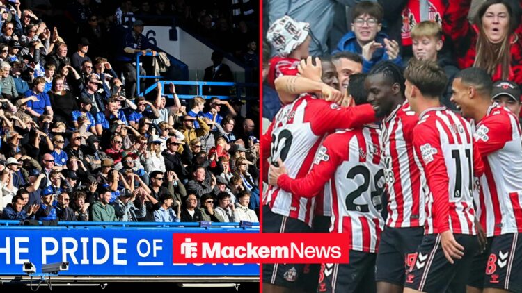 Chelsea fans with Sunderland players celebrating
