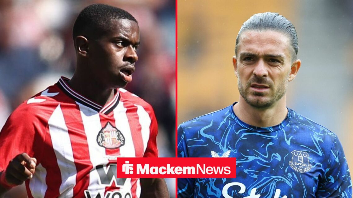 Noah Sadiki and Jack Grealish in action