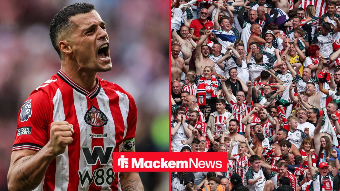 Granit Xhaka is celebrating as he looks at joyous Sunderland fans.