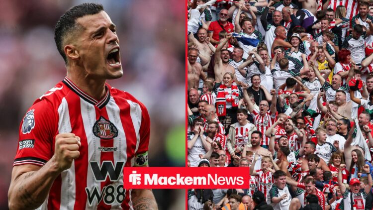 Granit Xhaka is celebrating as he looks at joyous Sunderland fans.