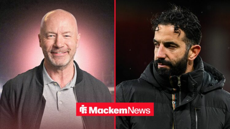 Ruben Amorim looking concerned with Alan Shearer smiling