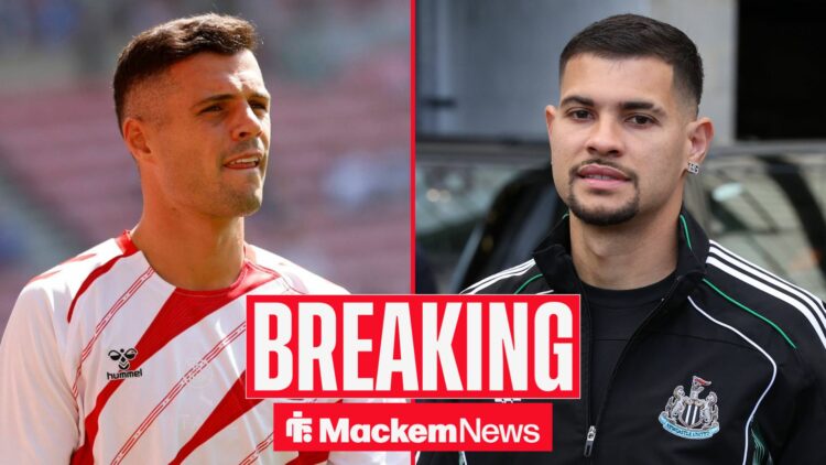 Granit Xhaka looking towards Bruno Guimaraes smiling in a breaking news graphic