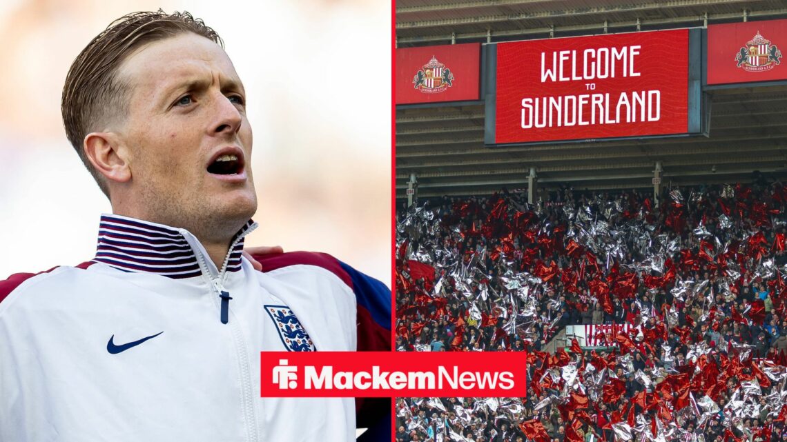Jordan Pickford sings the national anthem for England on the left. To the right are Sunderland fans at Stadium of Light.