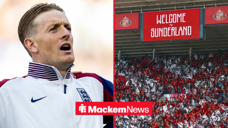 Jordan Pickford sings the national anthem for England on the left. To the right are Sunderland fans at Stadium of Light.