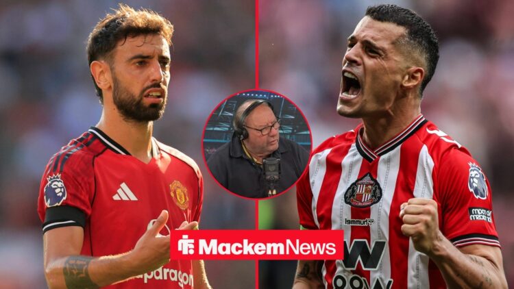 Bruno Fernandes and Granit Xhaka face off with Alan Brazil in a circular inset.
