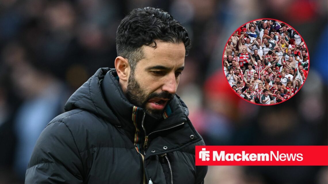 Ruben Amorim with Sunderland fans in right circular inset