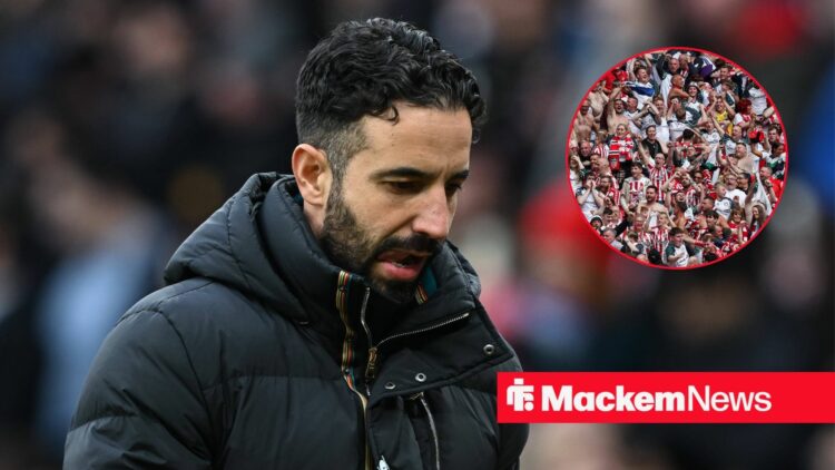 Ruben Amorim with Sunderland fans in right circular inset