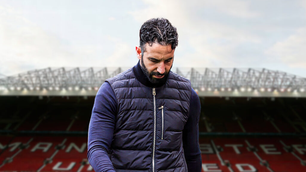 Ruben Amorim looks down in front of Old Trafford.