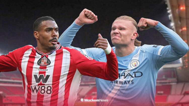 Wilson Isidor and Erling Haaland celebrating with the Stadium of Light in the background.