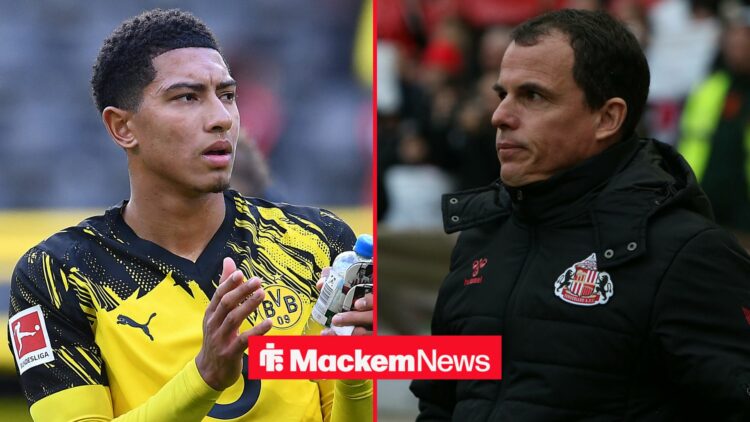 A split image as Borussia Dortmund star Jobe Bellingham applauds after a game, while Sunderland manager Regis Le Bris watches on.