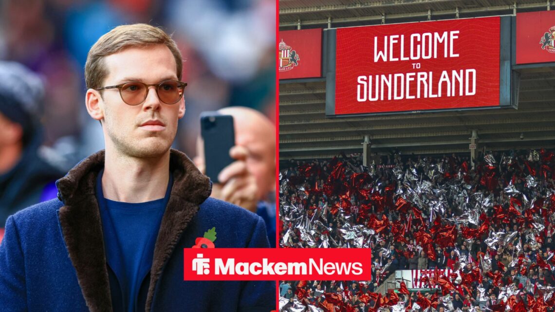 A split image as Sunderland owner Kyril Louis Dreyfus looks across at the fans, who wave red and white flags in the stands.