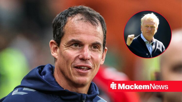 Regis Le Bris smiles and David Moyes holds up a fist in a round overlay