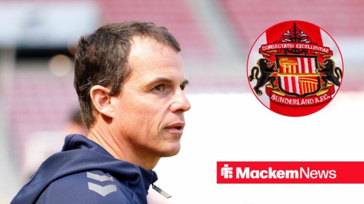 Regis Le Bris looking focused and Sunderland badge in circular inset