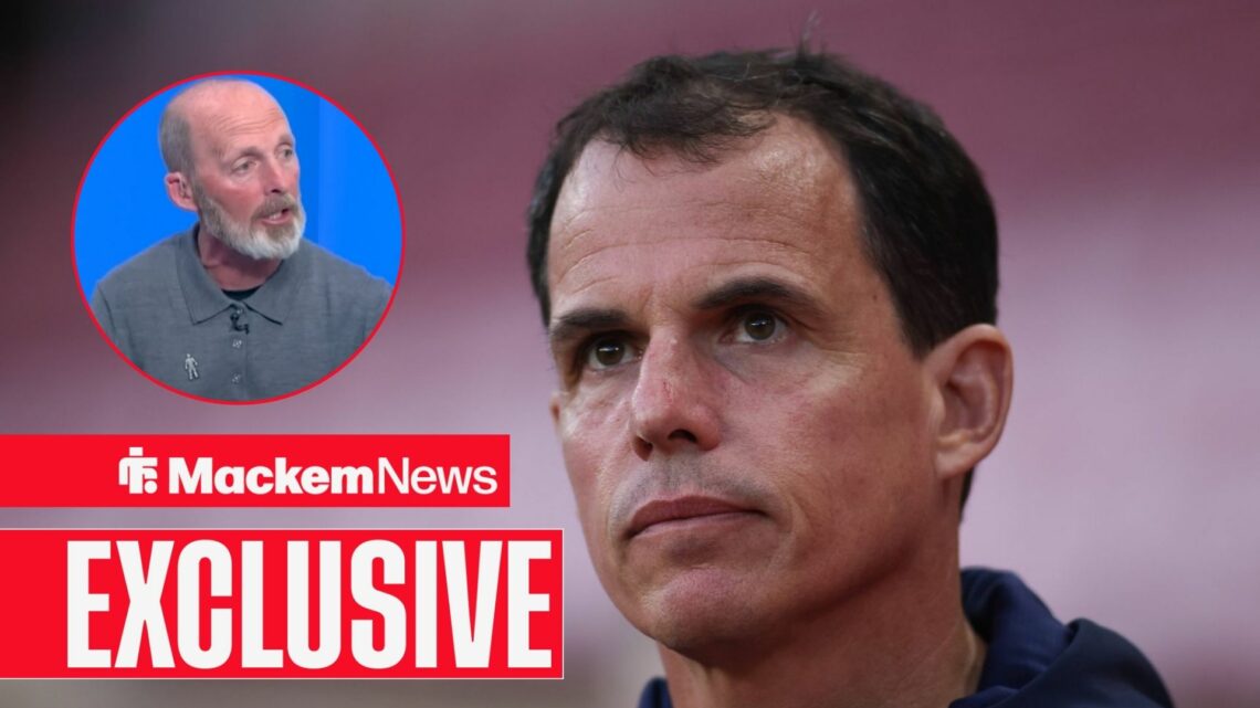 An image of Regis Le Bris looking emotionless, next to a circular inset of Mike Dean on Sky Sports