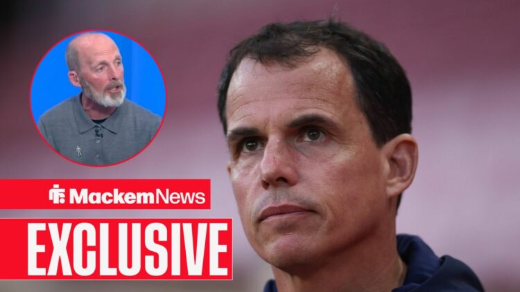 An image of Regis Le Bris looking emotionless, next to a circular inset of Mike Dean on Sky Sports