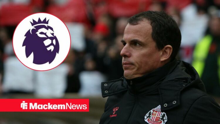 Sunderland boss Regis Le Bris looking angry, Premier League badge in inset.