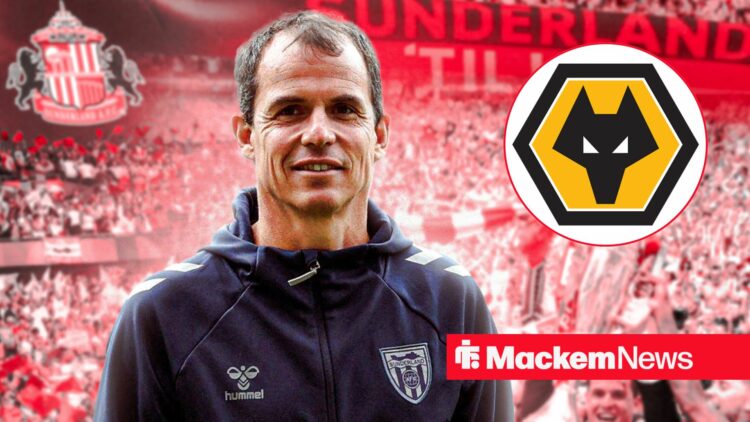 Sunderland manager Regis Le Bris smiles in the direction of a circular inset which features the Wolves badge.