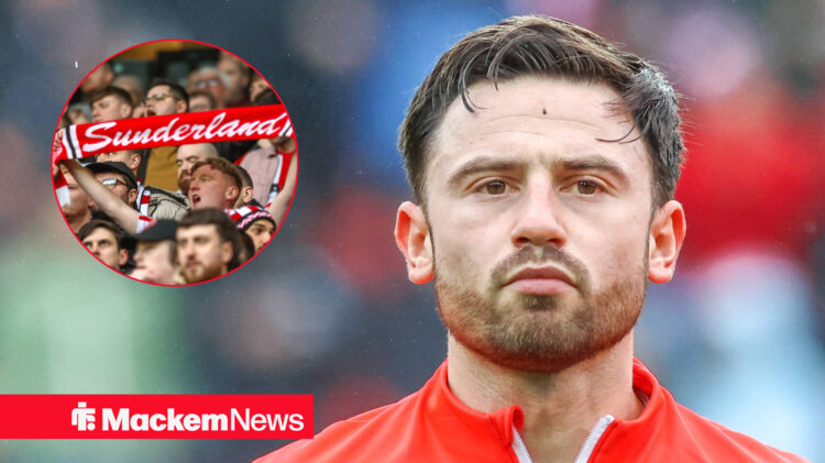 Birmingham City winger Patrick Roberts with Sunderland fans inset