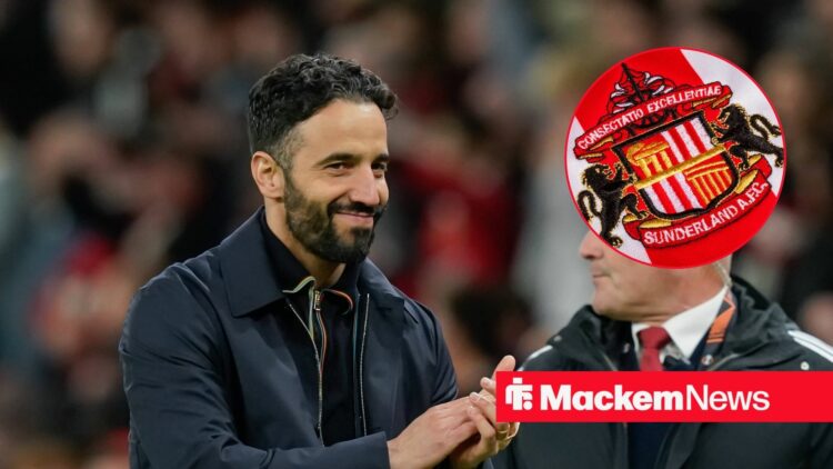 An image of Ruben Amorim clapping, next to a circular inset of a Sunderland badge