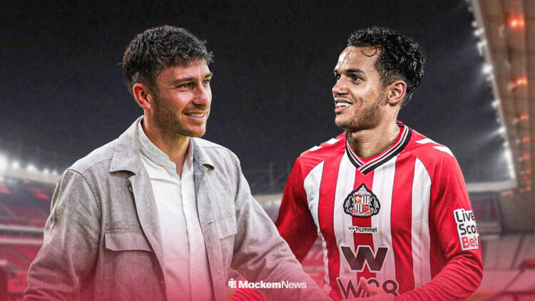 Fabio Carvalho in Sunderland shirt with Florent Ghisolfi smiling