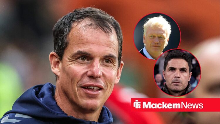 Sunderland manager Regis Le Bris and David Moyes and Mikel Arteta in circular insets