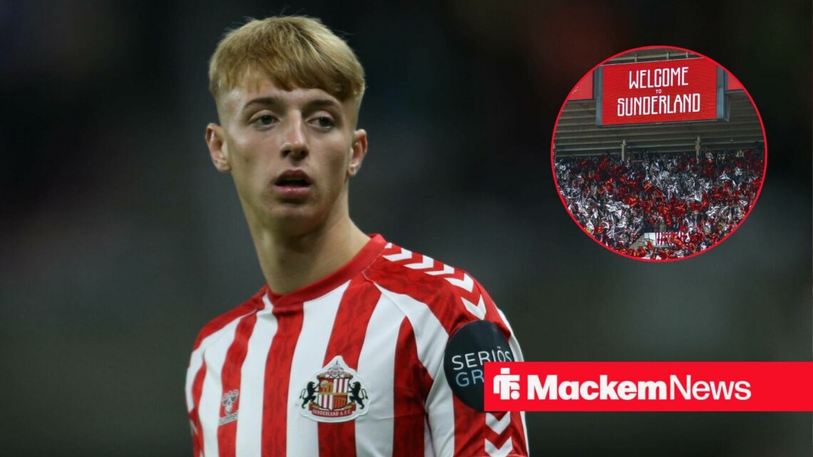 Ex-Sunderland winger Tommy Watson stares concernedly towards a circular inset, where fans wave flags at the Stadium of Light.