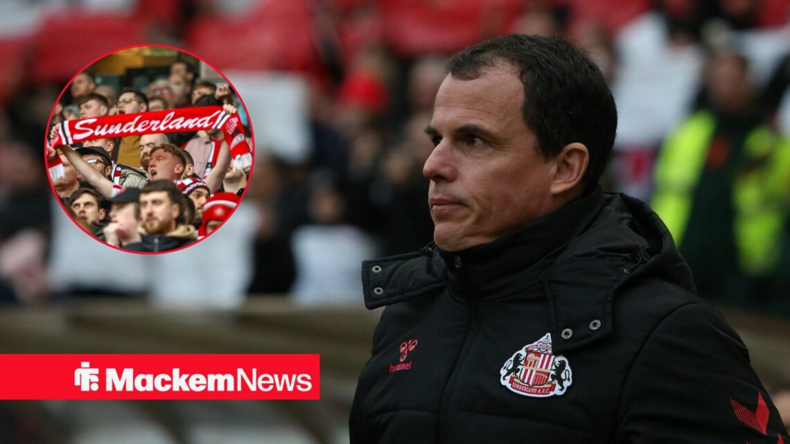 Regis Le Bris focusing on Sunderland fans in circular inset