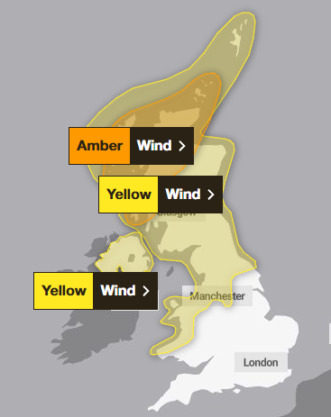 Weather map showing areas affected by Storm Amy.