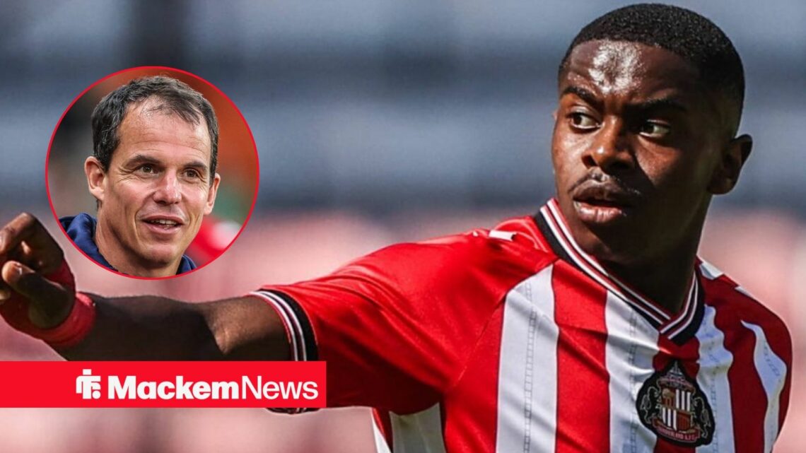 Sunderland midfielder Noah Sadiki celebrates with Regis Le Bris smiles inset