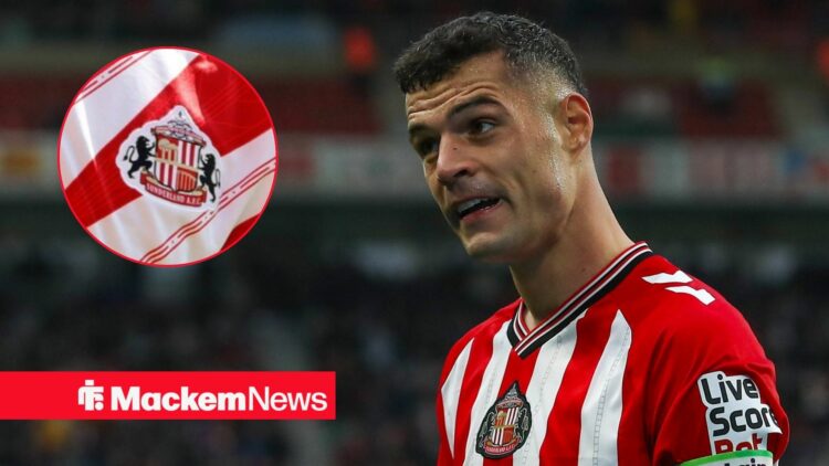 Granit Xhaka in action for Sunderland with badge in frame