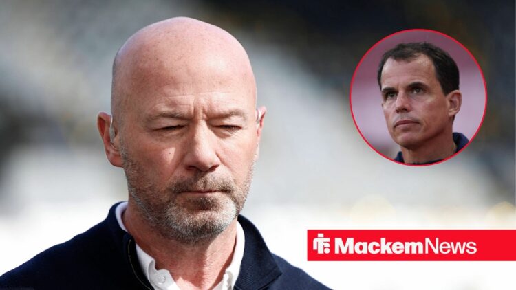 Alan Shearer alongside a circle inset of Regis Le Bris.