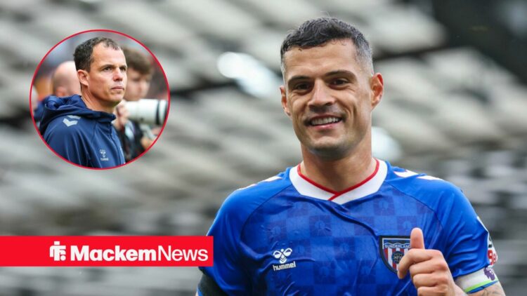 Granit Xhaka alongside a circle inset of Regis Le Bris.