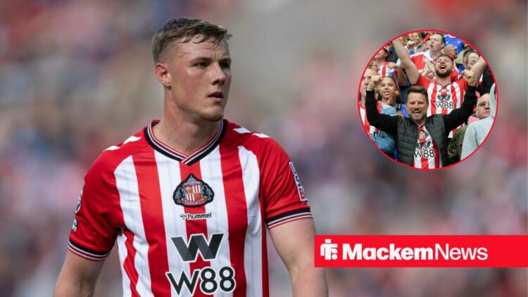 Dan Ballard alongside a circle inset of the Sunderland fans.