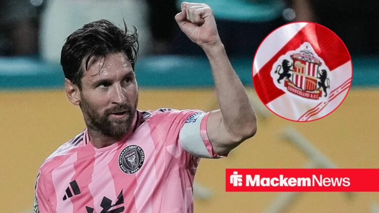 Lionel Messi celebrating with Sunderland badge in frame
