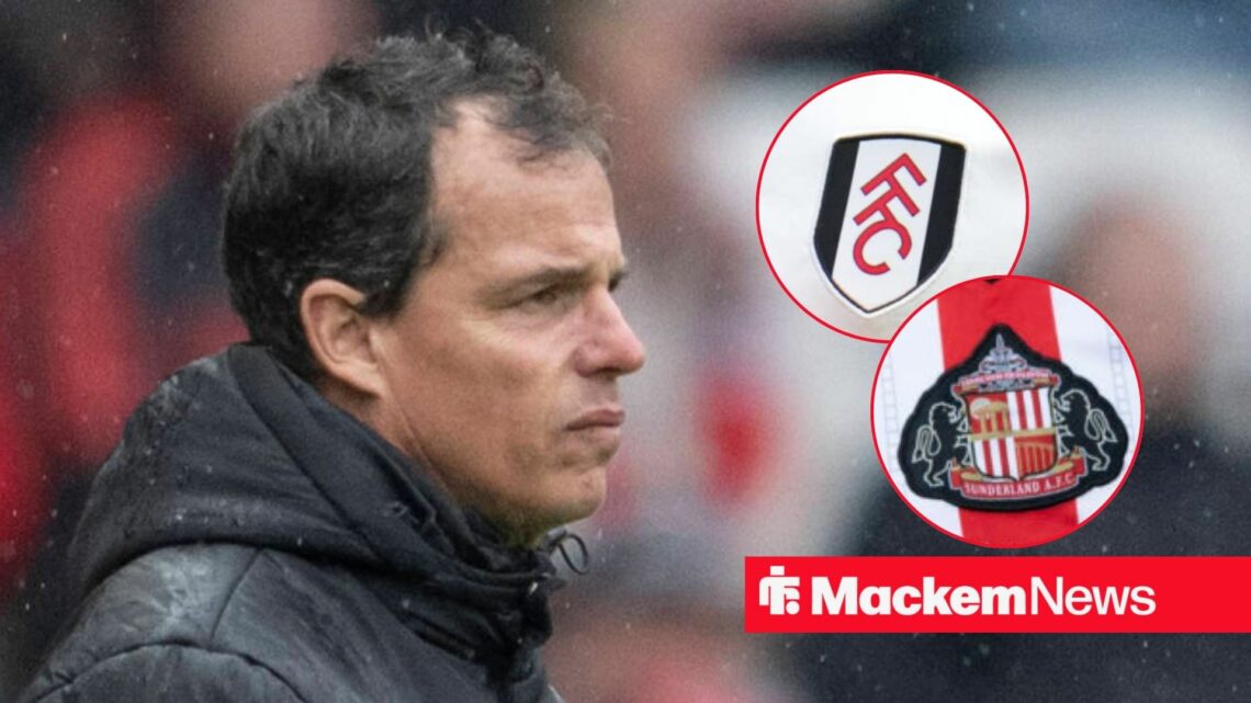 Regis Le Bris with Fulham and Sunderland badge in frame