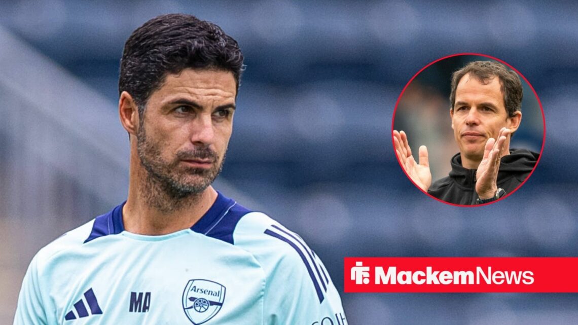 Arsenal manager Mikel Arteta with Sunderland manager Regis Le Bris claps inset