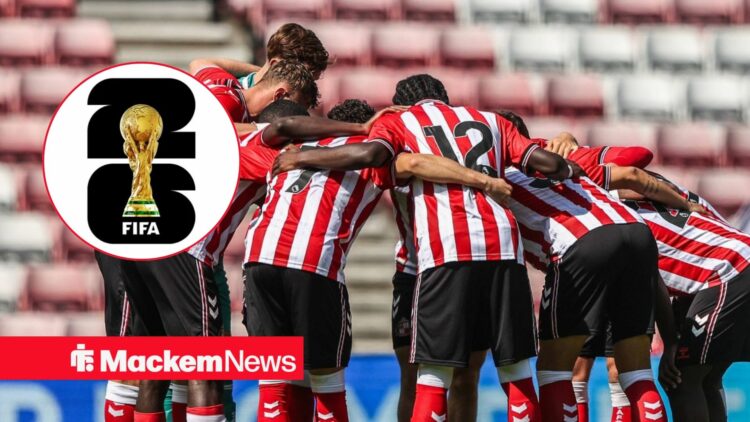 Sunderland players huddle with World Cup 2026 logo inset