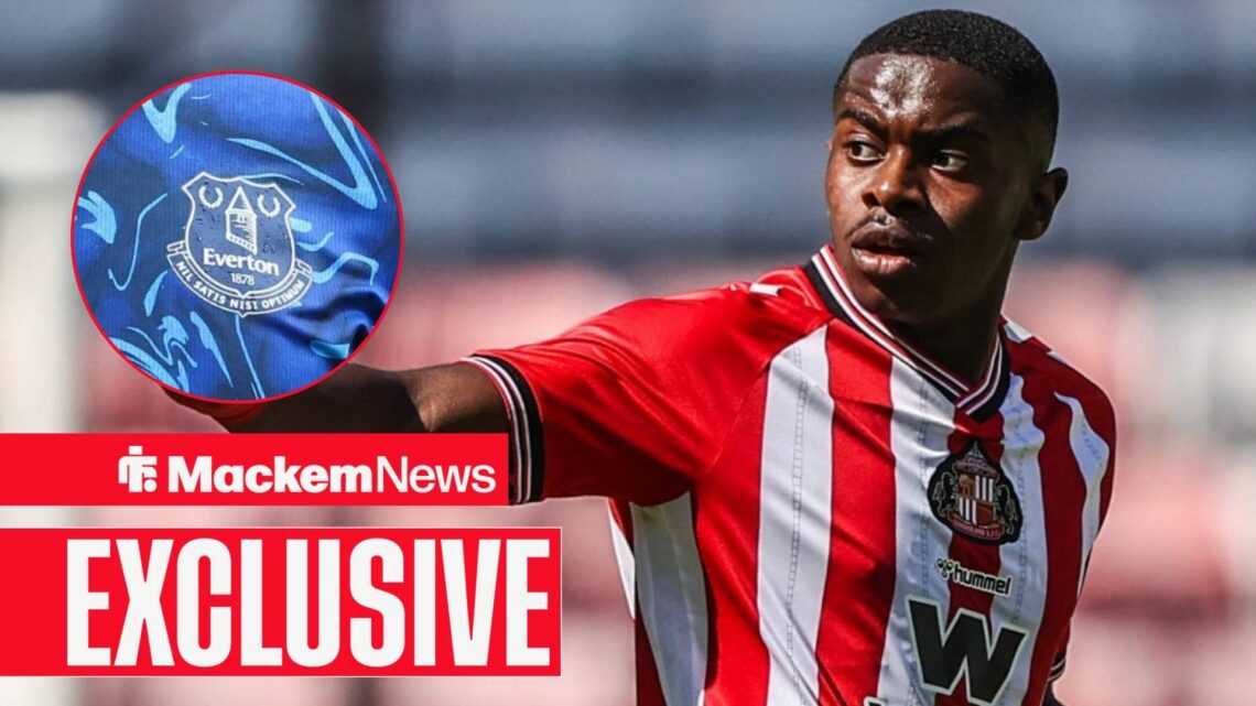 Noah Sadiki with Everton badge in frame