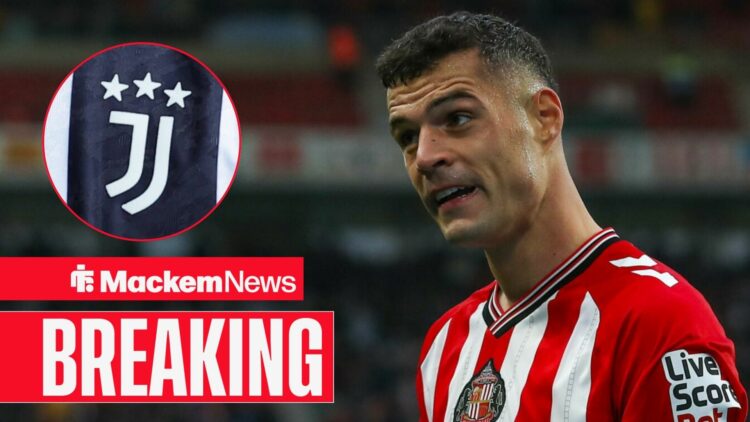 Granit Xhaka at Sunderland with Juventus badge in frame